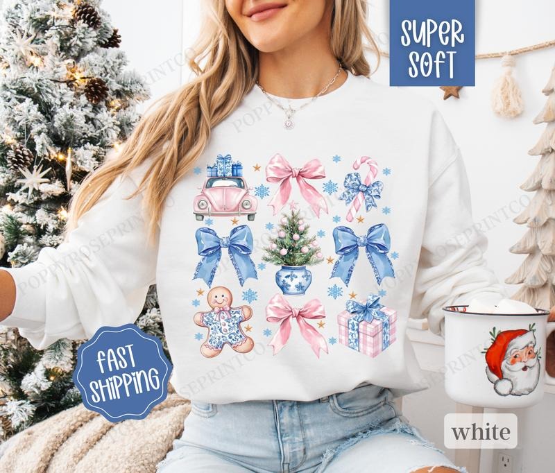 Pink & Blue Christmas Sweatshirt, Merry Christmas Sweater, Women's Holiday Crewneck T-Shirts, Hoodie | ZylaModa.com