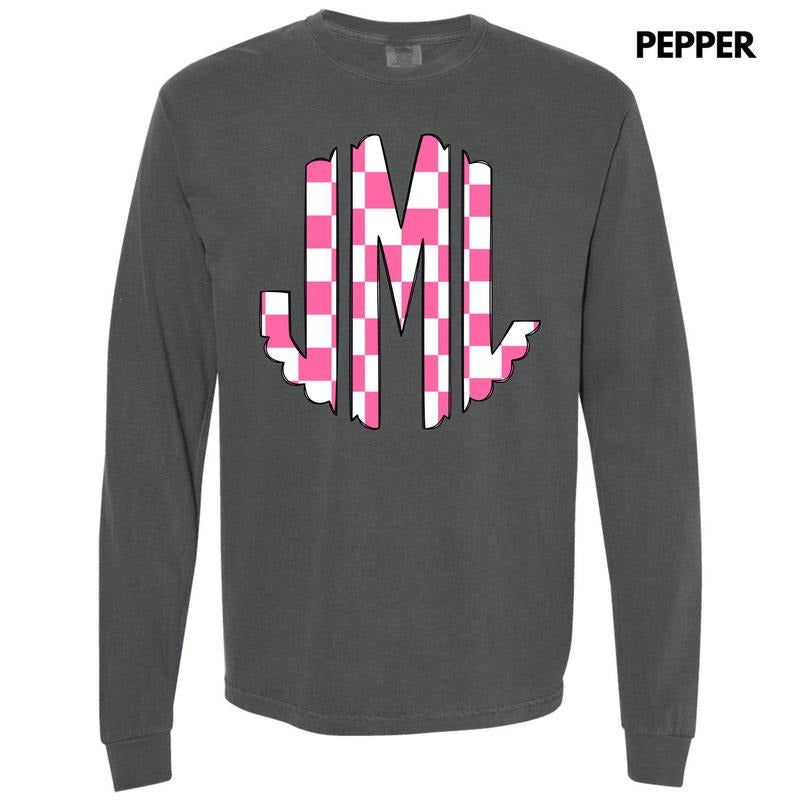 Pink Checker Monogram Long Sleeve Comfort Colors T-Shirt 'NLB' Hoodie, Sweatshirt | ZylaModa.com