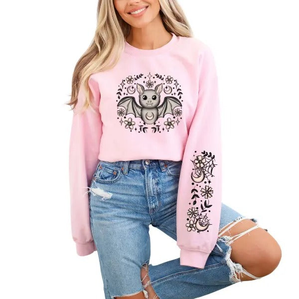 Pink Cute Bat Halloween Sweatshirt - Full Sleeve Detailed Graphics | Retro Vibes & Adorable Design | Comfy & Stylish for...