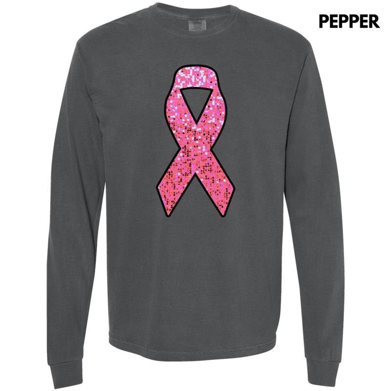 Pink Faux Glitter Ribbon Long Sleeve Comfort Colors T-Shirt 'NLB' Hoodie, Sweatshirt | ZylaModa.com