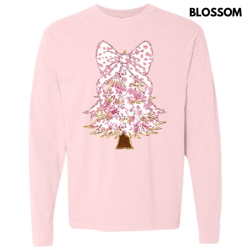 Pink Florals Christmas Tree Long Sleeve Comfort Colors T-Shirt 'NLB' Hoodie, Sweatshirt | ZylaModa.com