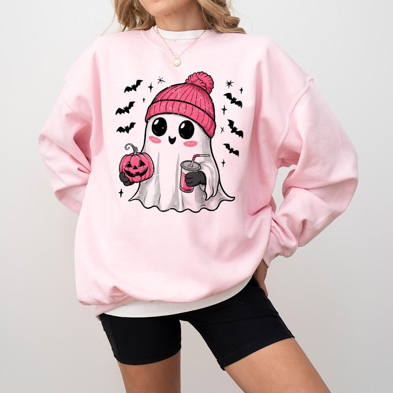 Pink Ghost Drinking Coffee Sweatshirt, Ghost Ice Coffee, Spooky Season, Fall Coffee Lover Hoodie, Halloween Pumpkin...