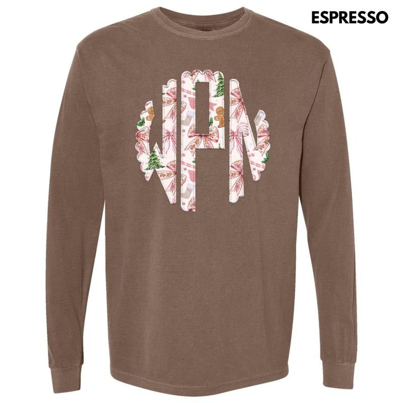 Pink Gingerbread Bow Monogram Long Sleeve Comfort Colors T-Shirt 'NLB' Hoodie, Sweatshirt | ZylaModa.com