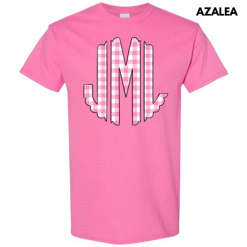 Pink Gingham Monogram Gildan Short Sleeve T-Shirt 'NLB' Hoodie, Sweatshirt | ZylaModa.com