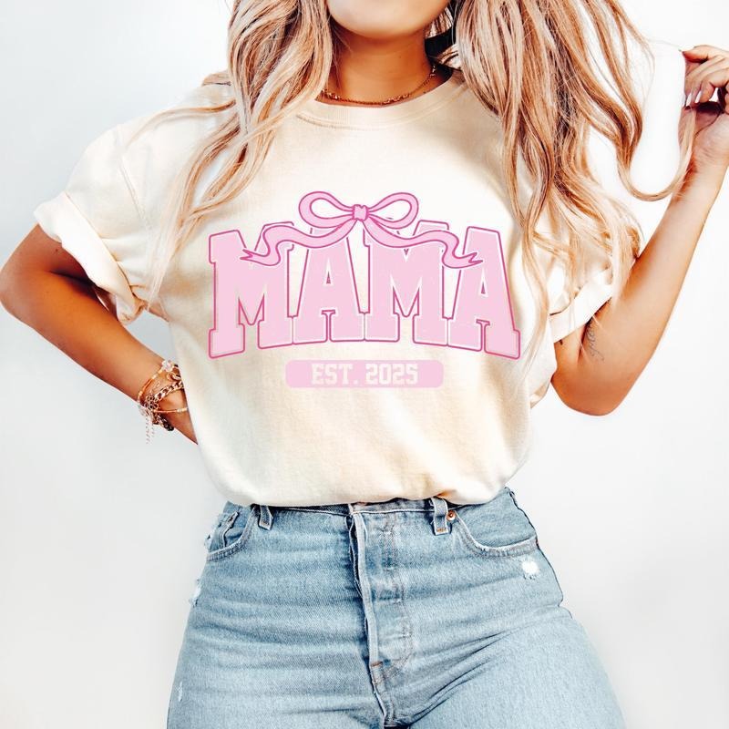Pink Mama Est 2025 Coquette T-Shirt, Mama T-Shirt, Mothers Day T-Shirt, Mama Varsity T-Shirt, Gift for Mom, Mother, Mama...