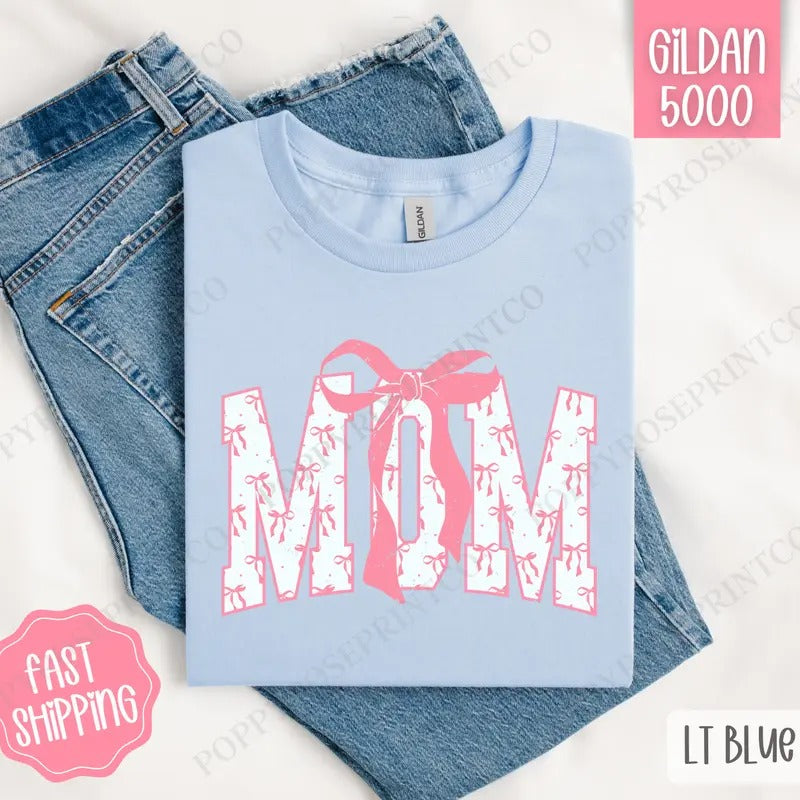 Pink Mom Bow Shirt Gildan, Women's Tee, Cute Women's Tshirt Plus Sizes Hoodie, Sweatshirt | ZylaModa.com