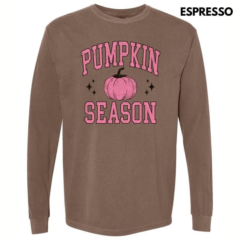 Pink Pumpkin Season Varsity Letter Long Sleeve Comfort Colors T-Shirt 'NLB' Hoodie, Sweatshirt | ZylaModa.com