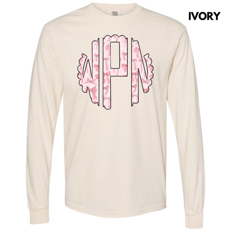 Pink Ribbons & Bows Monogram Long Sleeve Comfort Colors T-Shirt 'NLB' Hoodie, Sweatshirt | ZylaModa.com