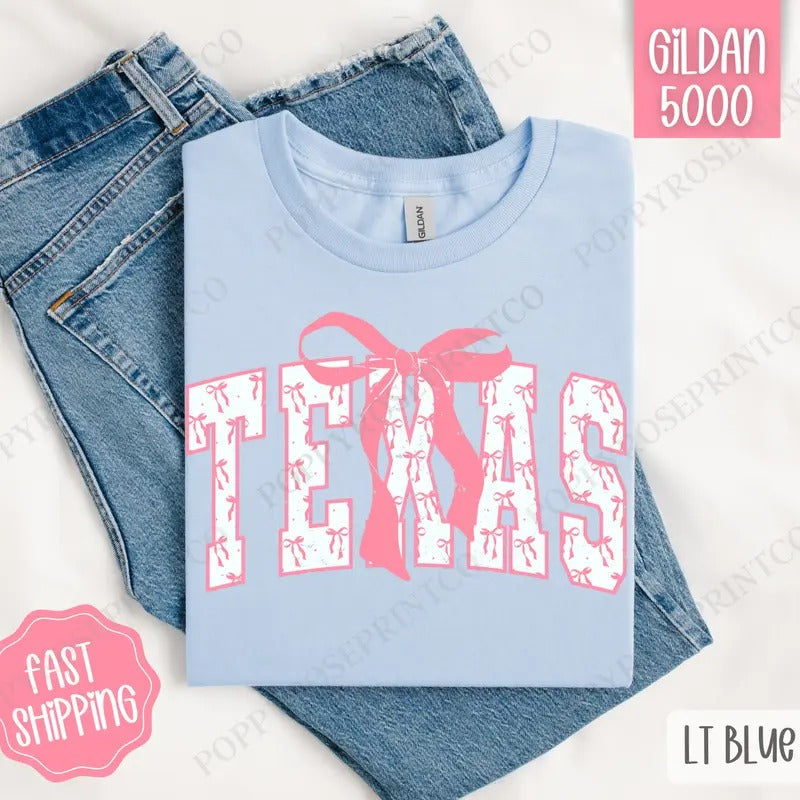 Pink Texas Bow Shirt Gildan, Women's Tee, Cute Women's Tshirt Plus Sizes Hoodie, Sweatshirt | ZylaModa.com
