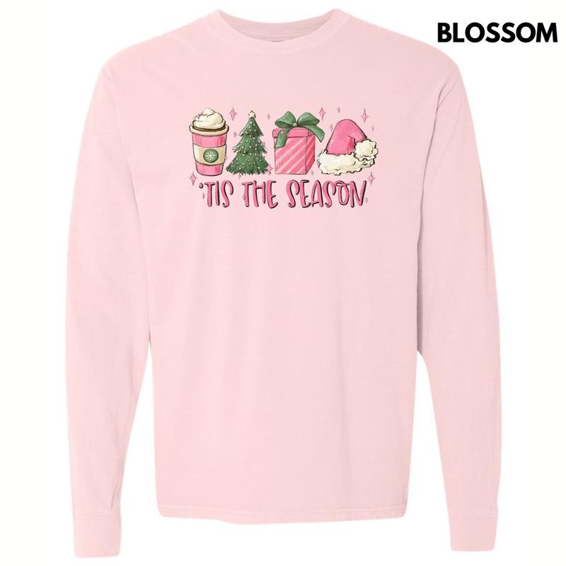 Pink Tis The Season Christmas Long Sleeve Comfort Colors T-Shirt Hoodie, Sweatshirt | ZylaModa.com