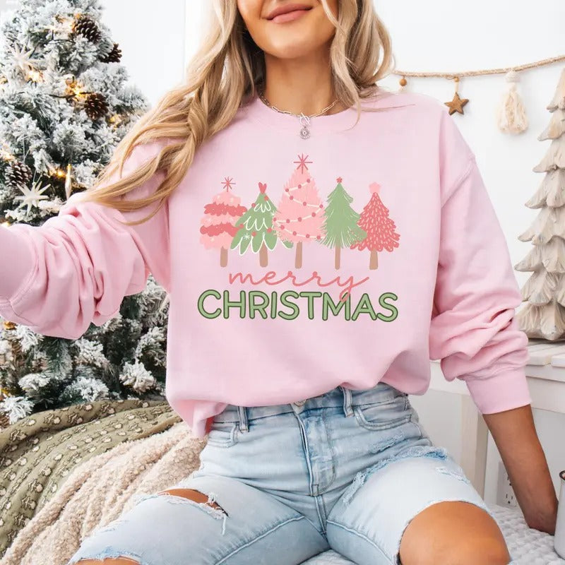 Pink Tree Christmas Sweatshirt, Pink Christmas Sweater, Merry Christmas Pink Tree Sweatshirt, Womens Holiday Shirt, Cute...