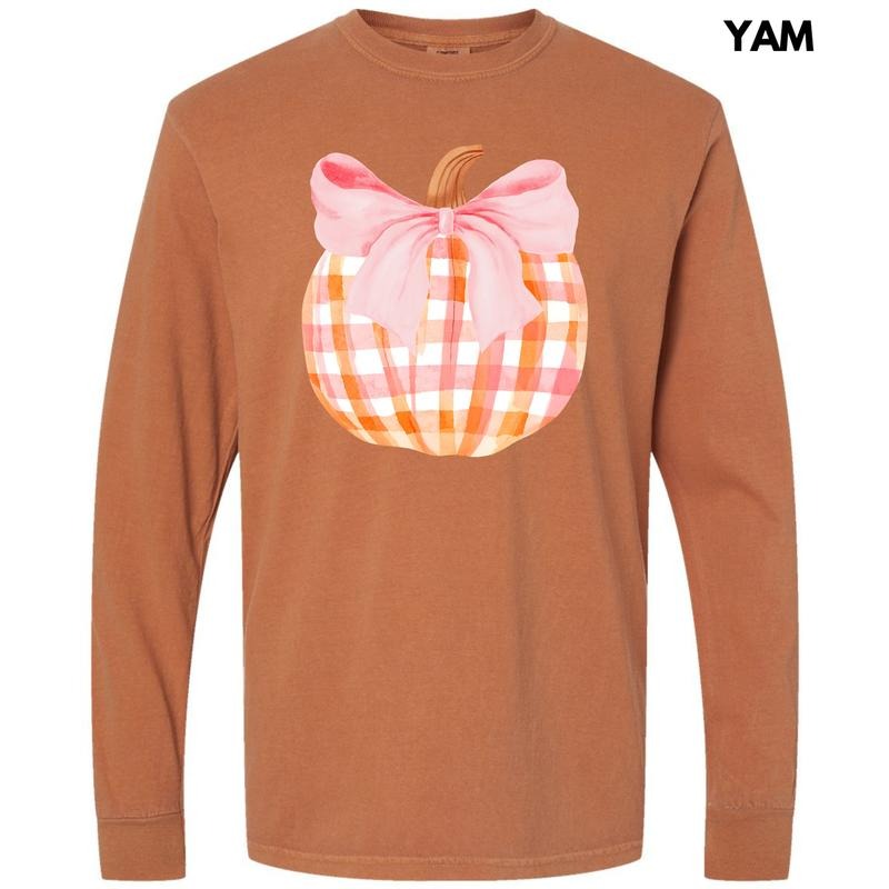 Plaid Pumpkin Coquette Long Sleeve Comfort Colors T-Shirt 'NLB' Hoodie, Sweatshirt | ZylaModa.com