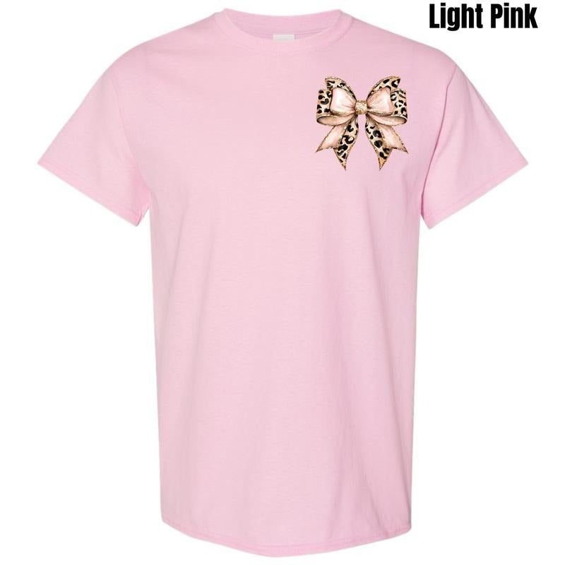 Pocket Size - Cheetah Faux Glitter Bow Gildan Short Sleeve T-Shirt 'NLB' Hoodie, Sweatshirt | ZylaModa.com