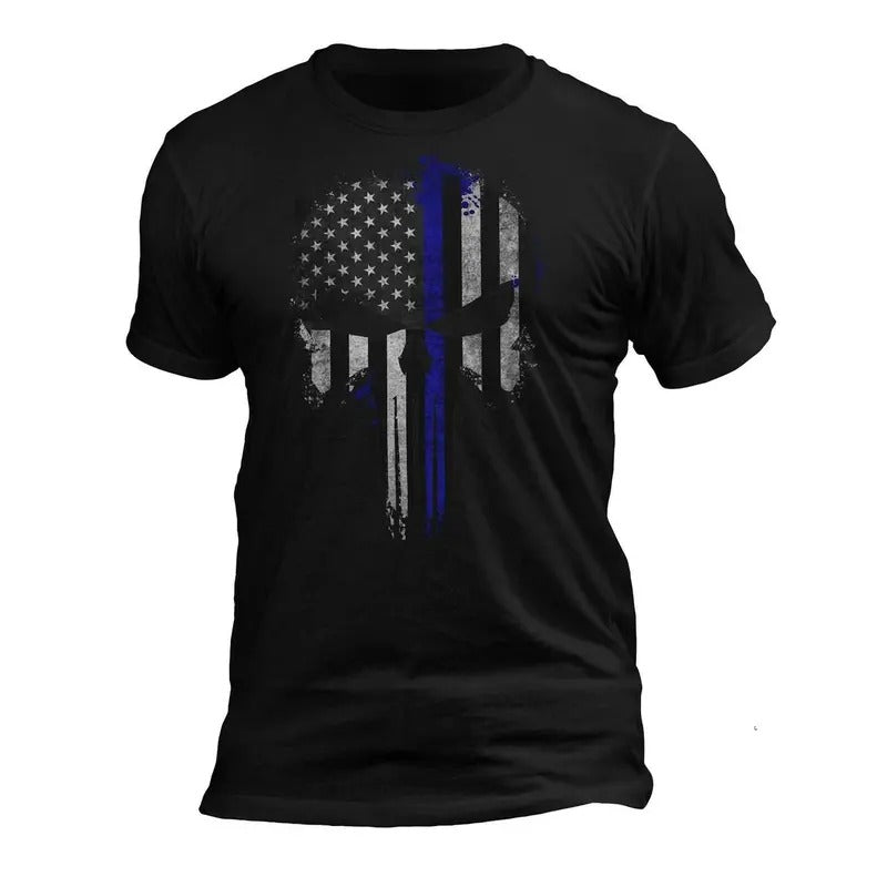 Police Thin Blue Line Flag Skull Men's T-Shirt Casual Crewneck Hoodie, Sweatshirt | ZylaModa.com
