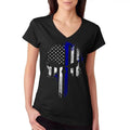 Police Thin Blue Line Flag Skull Women's V-Neck T-Shirt Casual Cotton Hoodie, Sweatshirt | ZylaModa.com