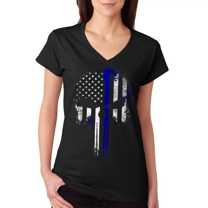 Police Thin Blue Line Flag Skull Women's V-Neck T-Shirt Casual Cotton Hoodie, Sweatshirt | ZylaModa.com
