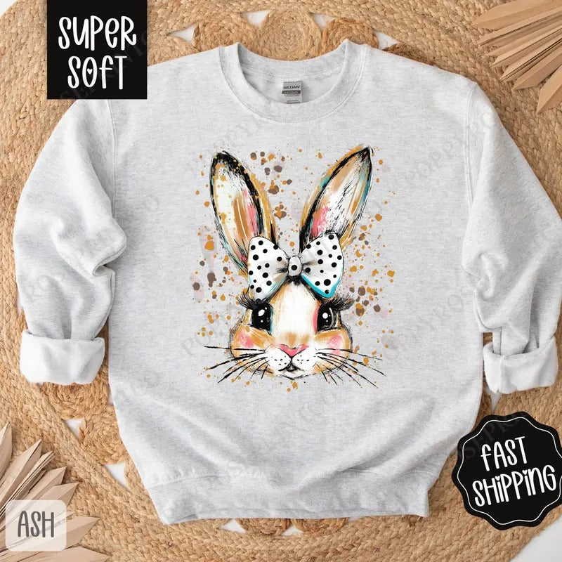 Polka Dot Bow Bunny Sweatshirt, Coquette Easter Crewneck, Trendy Religious Women's Sweater, Gift for Her T-Shirts, Hoodie