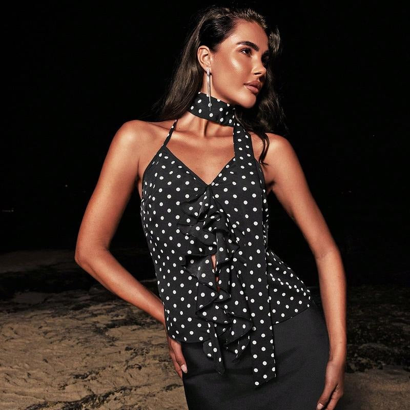 Polka Dots Halter Top Ruffle Backless Going Out Top with Scarf T-Shirts, Hoodie, Sweatshirt | ZylaModa.com