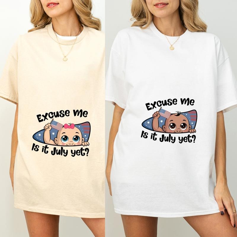 Pregnancy Announcement T-Shirt, Excuse Me Is It July Yet on 4th of July T-Shirt, Custom Maternity Shirt, Baby Girl...