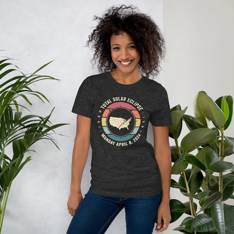 Premium  Total Solar Eclipse Double Sided Shirt, USA Map American Tour 2024 Tee, Cities States Totality Path, Front and...