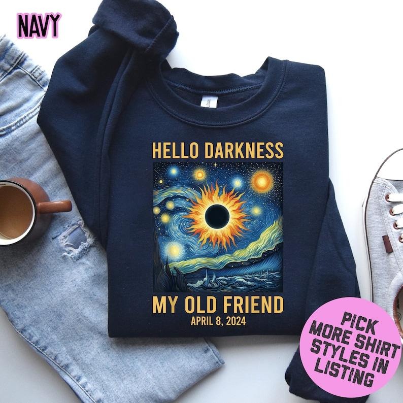 Premium  Van Gogh Total Solar Eclipse 2024 T-shirt, Hello Darkness My Old Friend Sweatshirt, Stargazer Hoodie, Astronomy...