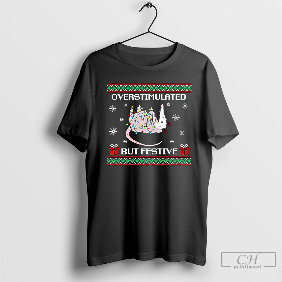 Premium Overstimulated But Festive Possum Light Christmas T-Shirts, Hoodie, Sweatshirt | ZylaModa.com