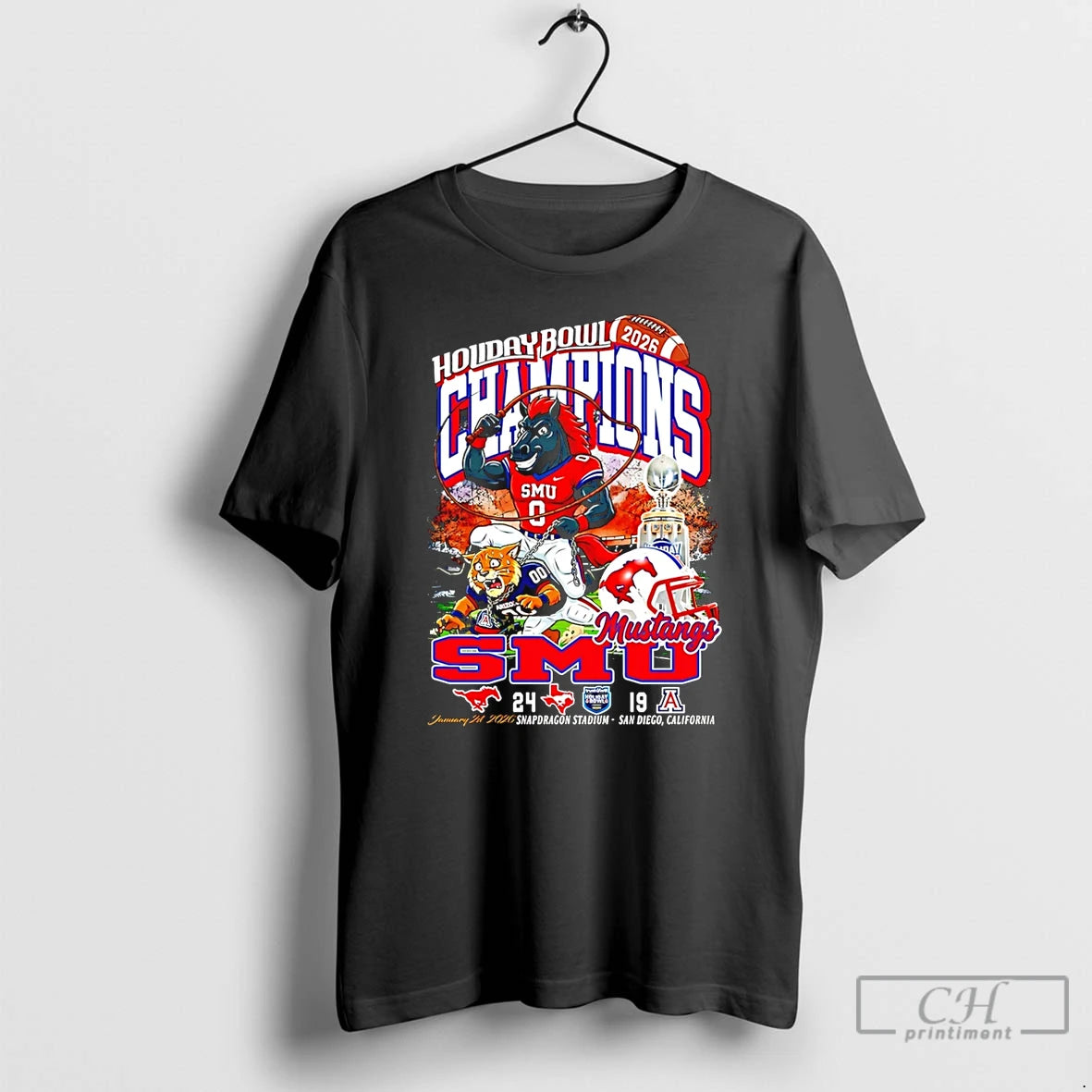 Premium Smu Mustangs Football 2026 Holiday Bowl Champions 24 19 Score Mascot T Shirts Sweater Hoodie, Sweatshirt
