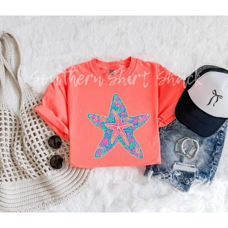 Preppy Starfish Comfort Colors Tee | neon orange comfort colors t shirt | Summer t shirt | Beach Shirt Hoodie, Sweatshirt