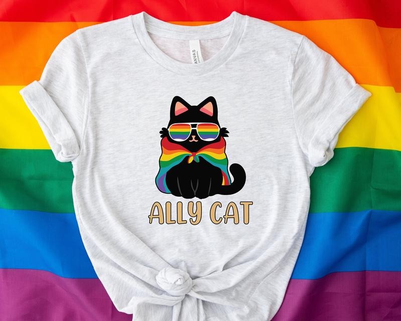 Pride Ally Cat T Shirt Hoodie Sweater Retro Rainbow Colors Cat Ally Shirt Cat Pride Shirt Funny Pride Shirt LGBTq Shirt...