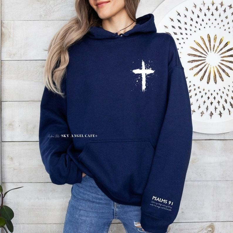 Psalms 91 Sleeve with Cross Hoodie, Church Bible Study Matching Tops, Christian Sweatshirt Aesthetic Hoodie Trendy ...