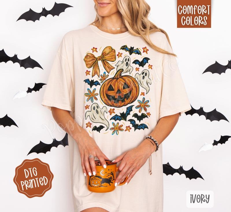 Pumpkin Floral Collage Shirt Comfort Colors, Trendy Halloween Tshirt Hoodie, Sweatshirt | ZylaModa.com