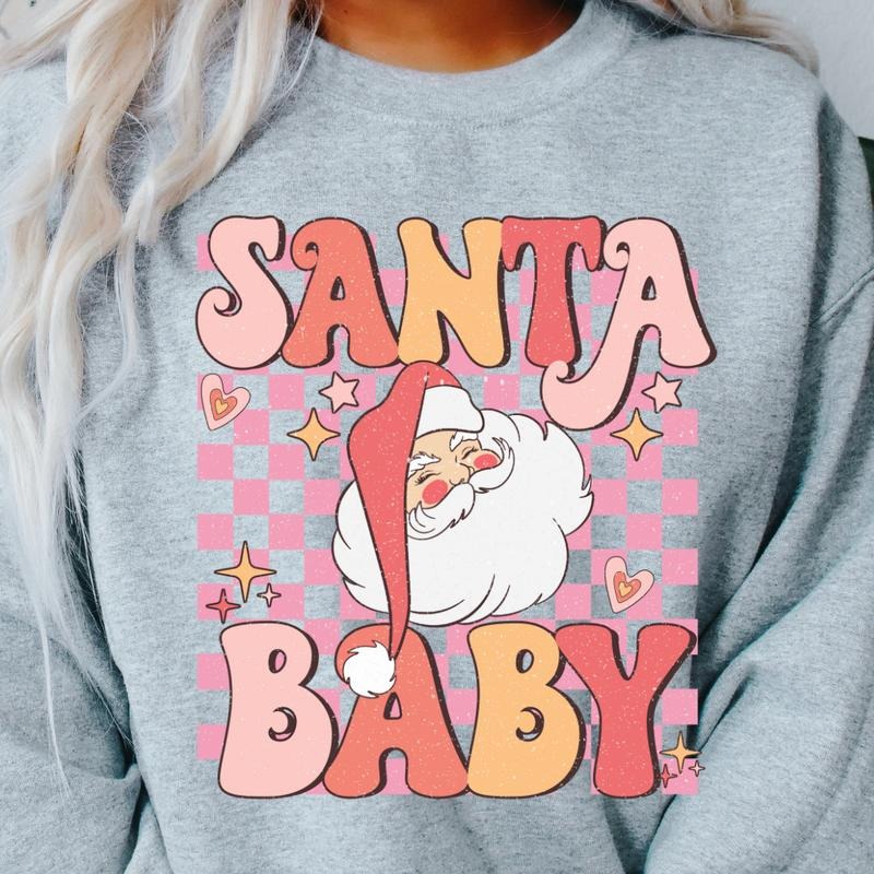 RETRO PINK SANTA BABY CREWNECK (Crewneck Sweatshirt, Unisex Fit, Causal Sweatshirt for Christmas, Christmas Holiday...