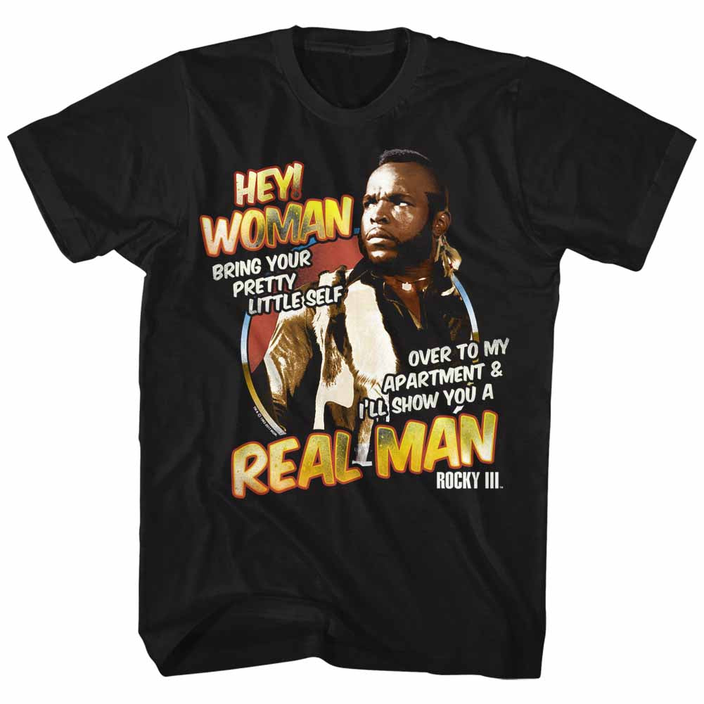 Rocky Mens S/S T-Shirt - Hey Woman - Solid Black Hoodie, Sweatshirt | ZylaModa.com