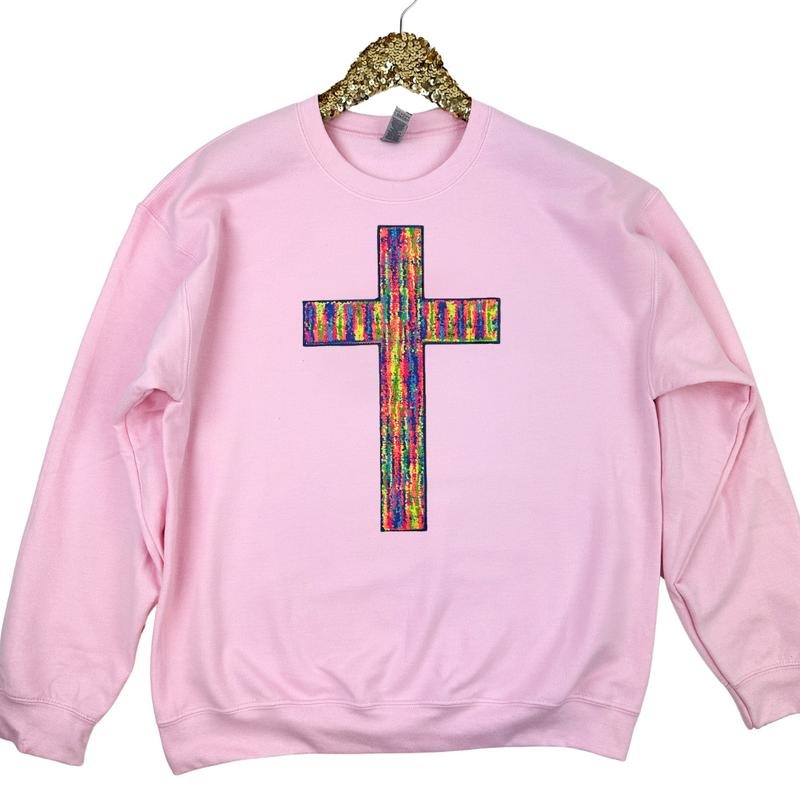 Rainbow Chenille Cross Patch Sweatshirt -- LIGHT PINK T-Shirts, Hoodie | ZylaModa.com