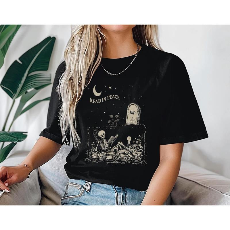 Read in Peace T-Shirt, Skeleton Book Shirt, Skeleton Reading T-Shirts, Book Lover  Gift, Dark Romans Tee, Bookish Hoodie,...