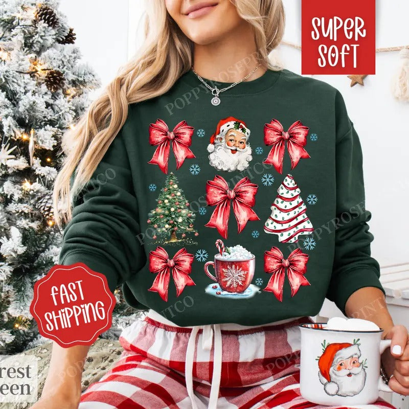Red Coquette Christmas Sweatshirt, Merry Christmas Sweater, Women's Holiday Crewneck T-Shirts, Hoodie | ZylaModa.com