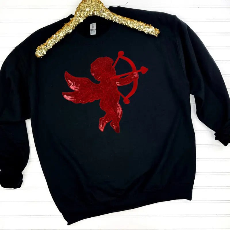 Red Cupid Sequin Patch Sweatshirt -- BLACK T-Shirts, Hoodie | ZylaModa.com