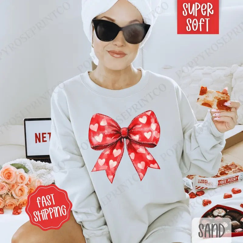 Red Heart Bow Sweatshirt, Valentine's Day Crewneck, Holiday Women's Sweater T-Shirts, Hoodie | ZylaModa.com