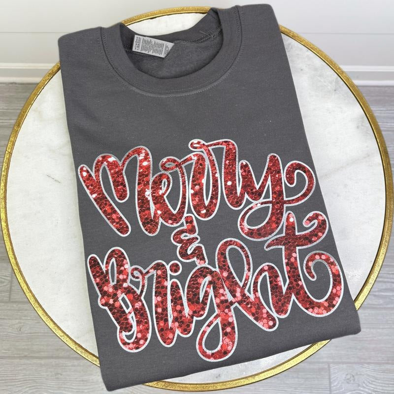 Red Merry & Bright Faux Sequin Sweatshirt T-Shirts, Hoodie | ZylaModa.com