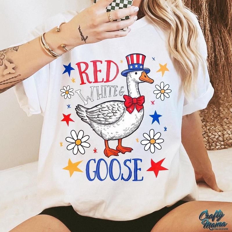 Red White And Goose Shirt, Funny 4th of July Shirt, Boho Patriotic Floral Fourth of July g, Retro America , Cute American...