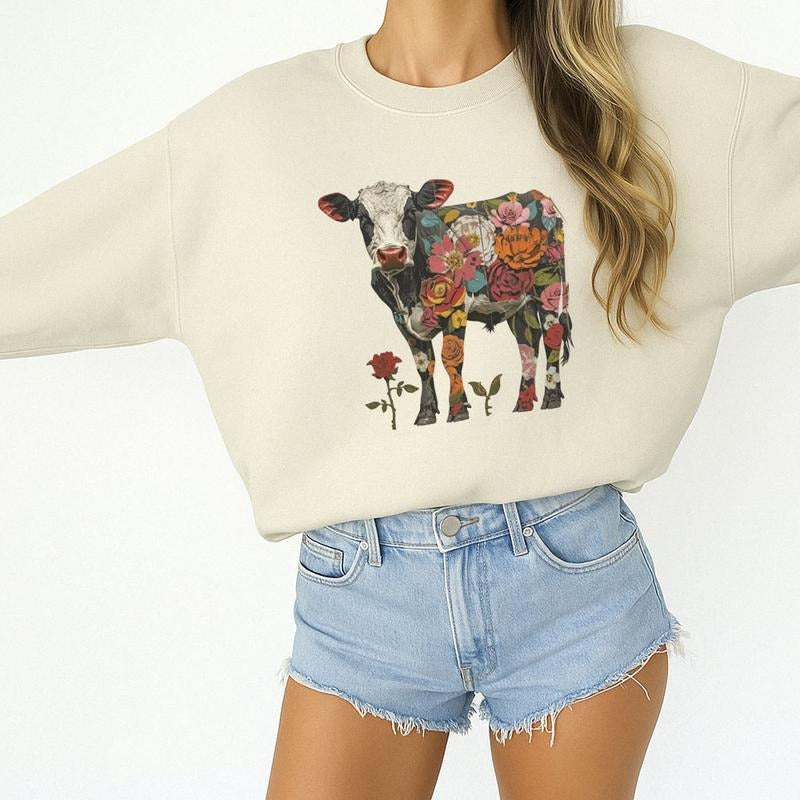 Retro Boho Floral Cow Sweatshirt, Roses Farmhouse Cottagecore Farm Life Crewneck Sweater, Cow Lover Unisex Hoodie T-shirt...