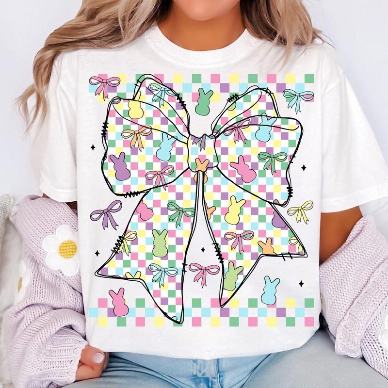 Retro Checkered Easter Coquette Bow T-Shirt, Easter Bow Shirt, Bunny Spring T-Shirt Hoodie, Sweatshirt | ZylaModa.com