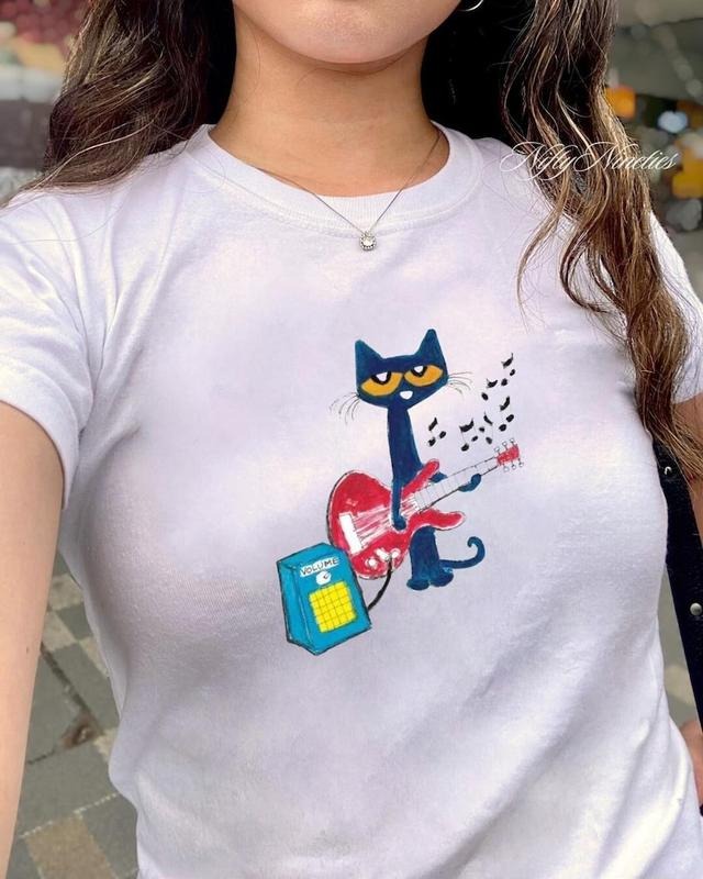 Retro Cool Cat Baby Tee, Babytee Y2k Streetwear, Quirky Vintage Graphic Top, Guitar Bass Tee, Funny 90s Tshirt, Grunge...