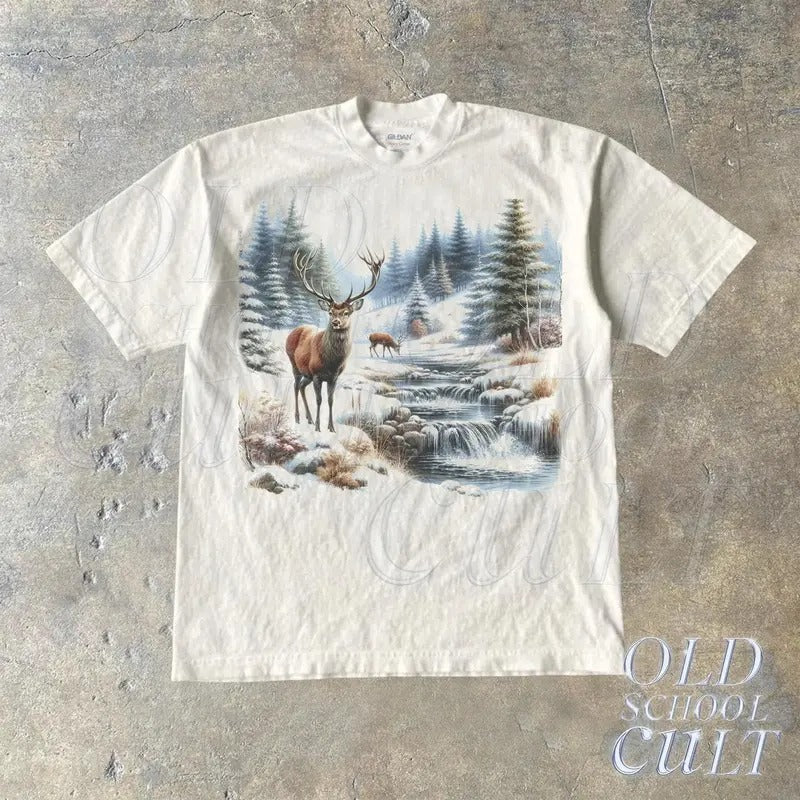 Retro Deer Snowy Nature 90s Shirt, Vintage Mystical Deer Nature Camping Outfit, Boho Unisex Adult Shirt, Nature Wildlife...