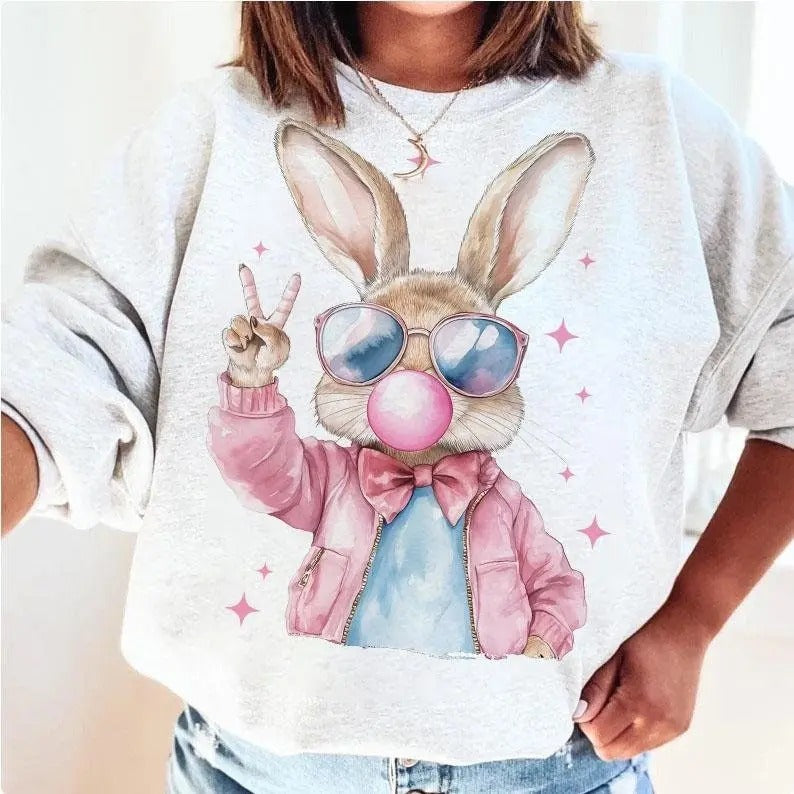 Retro Easter Bunny Blowing Bubble Sweatshirt, Vintage Happy Easter Sweater, Coquette Easter Shirt, Funny Easter Bunnie...
