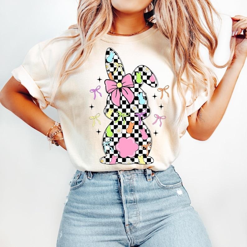 Retro Easter Bunny Coquette, Happy Easter, Pink Easter Bow, Checkered Spring Tshirt Hoodie, Sweatshirt | ZylaModa.com