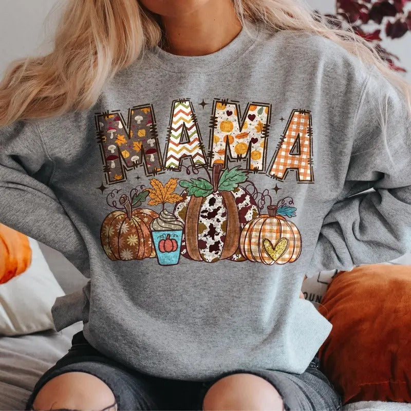 Retro Fall Mama Shirt, Fall Vibes Pumpkin T-Shirt, Autumn Mama Sweatshirt, Trendy Fall Clothing, Unisex Hoodie | ZylaModa.com