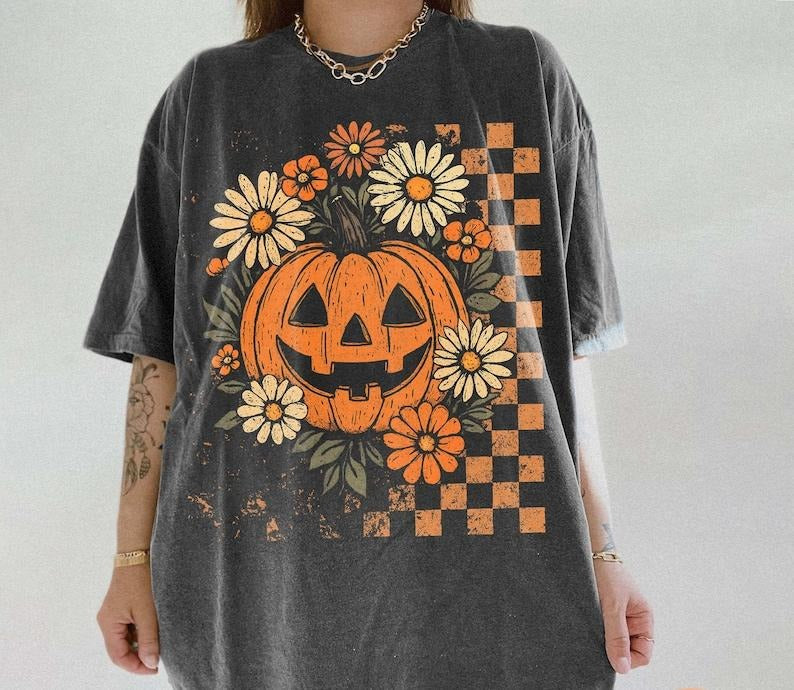 Retro Floral Pumpkin Shirt, Funny Pumpkin Halloween Tee, Preppy Halloween Tshirt, Halloween Pumpkin Spooky Season,...