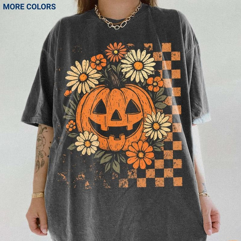 Retro Floral Pumpkin T-Shirt, Funny Preppy Halloween Graphic Tee, Spooky Season Vibes, Cute Fall Style, Unisex Fit, All...
