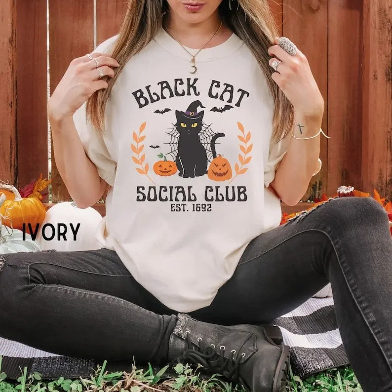 Retro Halloween cat tshirt, Black cat social club, Vintage Fall clothing, Spooky season shirt, Women pumpkin season...